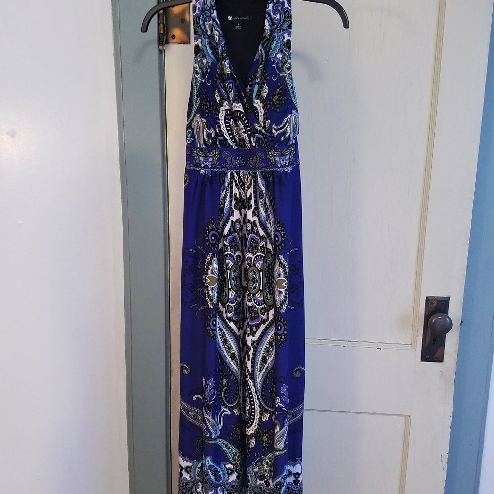 Blue Indian Print V Neck Ankle Maxi Empire Dress